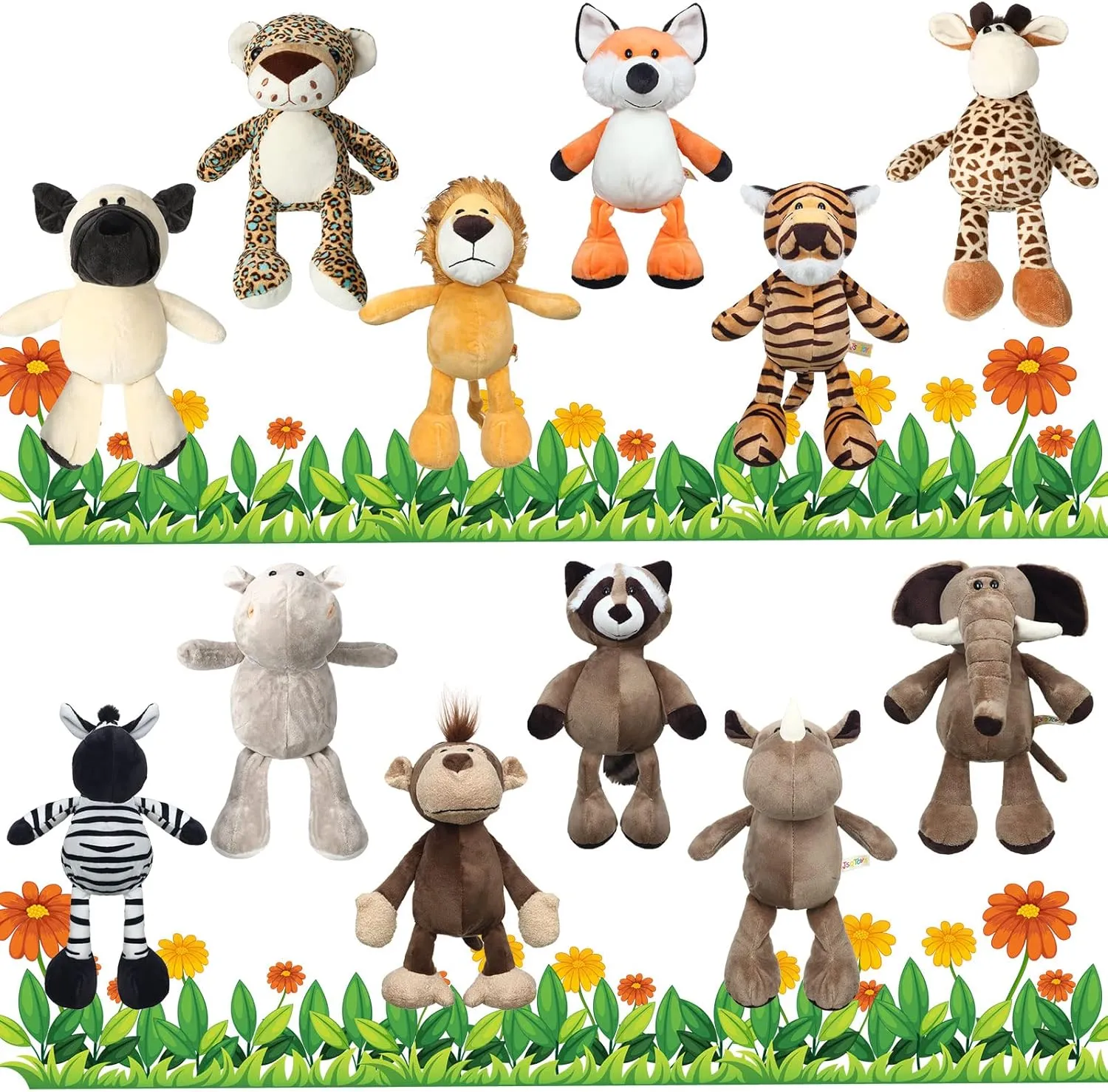 Zhanmai 12 Pcs Safari Stuffed Animals Bulk Jungle Animal Plush Toys Set Include Tiger Lion Elephant Monkey Shar Pei Giraffe Zebra for Zoo Theme Party Baby Shower School Teacher Student Award