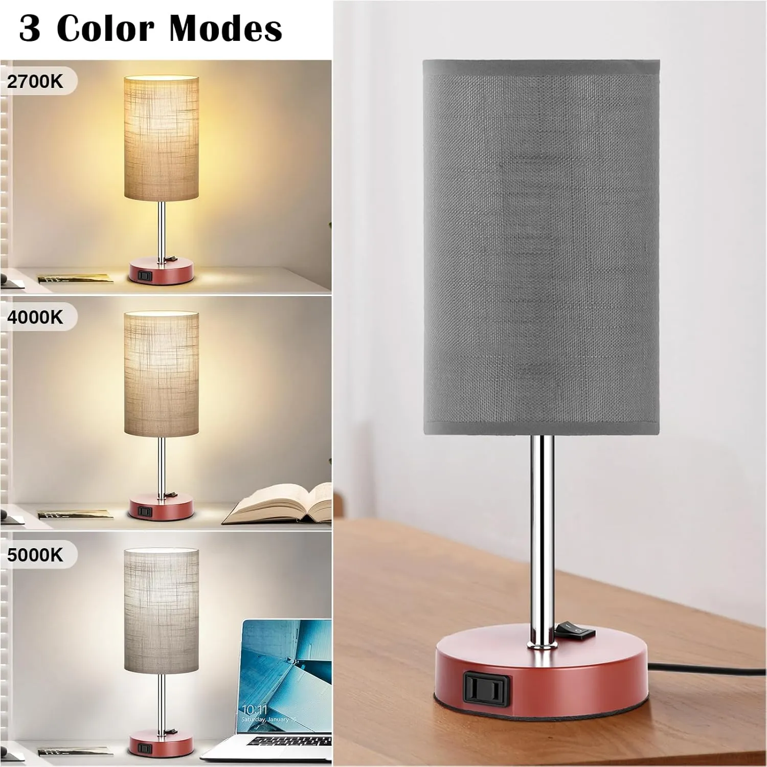 ZJOJO Table Lamp for Bedroom Set of 2, Bedside Small Lamps with 3 Way Dimmable Rocker Switch and AC Outlet, Nightstand Desk Lamp with Gray Fabric Shade Brown Base for Living Room Home Decor Lights
