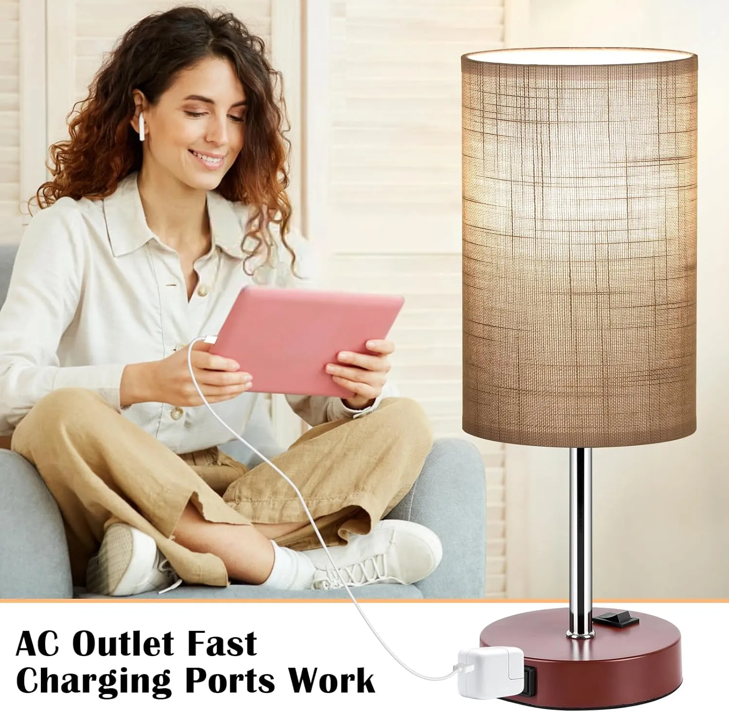ZJOJO Table Lamp for Bedroom Set of 2, Bedside Small Lamps with 3 Way Dimmable Rocker Switch and AC Outlet, Nightstand Desk Lamp with Gray Fabric Shade Brown Base for Living Room Home Decor Lights
