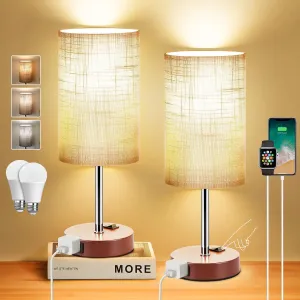 ZJOJO Table Lamp for Bedroom Set of 2, Bedside Small Lamps with 3 Way Dimmable Rocker Switch and AC Outlet, Nightstand Desk Lamp with Gray Fabric Shade Brown Base for Living Room Home Decor Lights