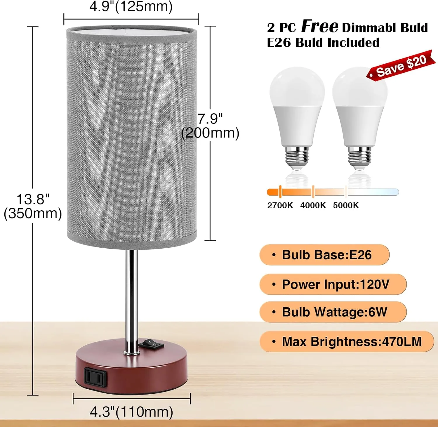 ZJOJO Table Lamp for Bedroom Set of 2, Bedside Small Lamps with 3 Way Dimmable Rocker Switch and AC Outlet, Nightstand Desk Lamp with Gray Fabric Shade Brown Base for Living Room Home Decor Lights