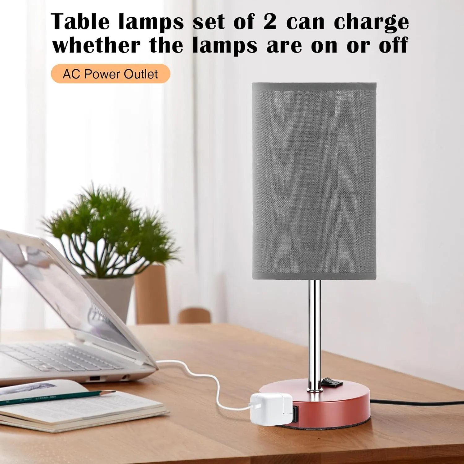 ZJOJO Table Lamp for Bedroom Set of 2, Bedside Small Lamps with 3 Way Dimmable Rocker Switch and AC Outlet, Nightstand Desk Lamp with Gray Fabric Shade Brown Base for Living Room Home Decor Lights