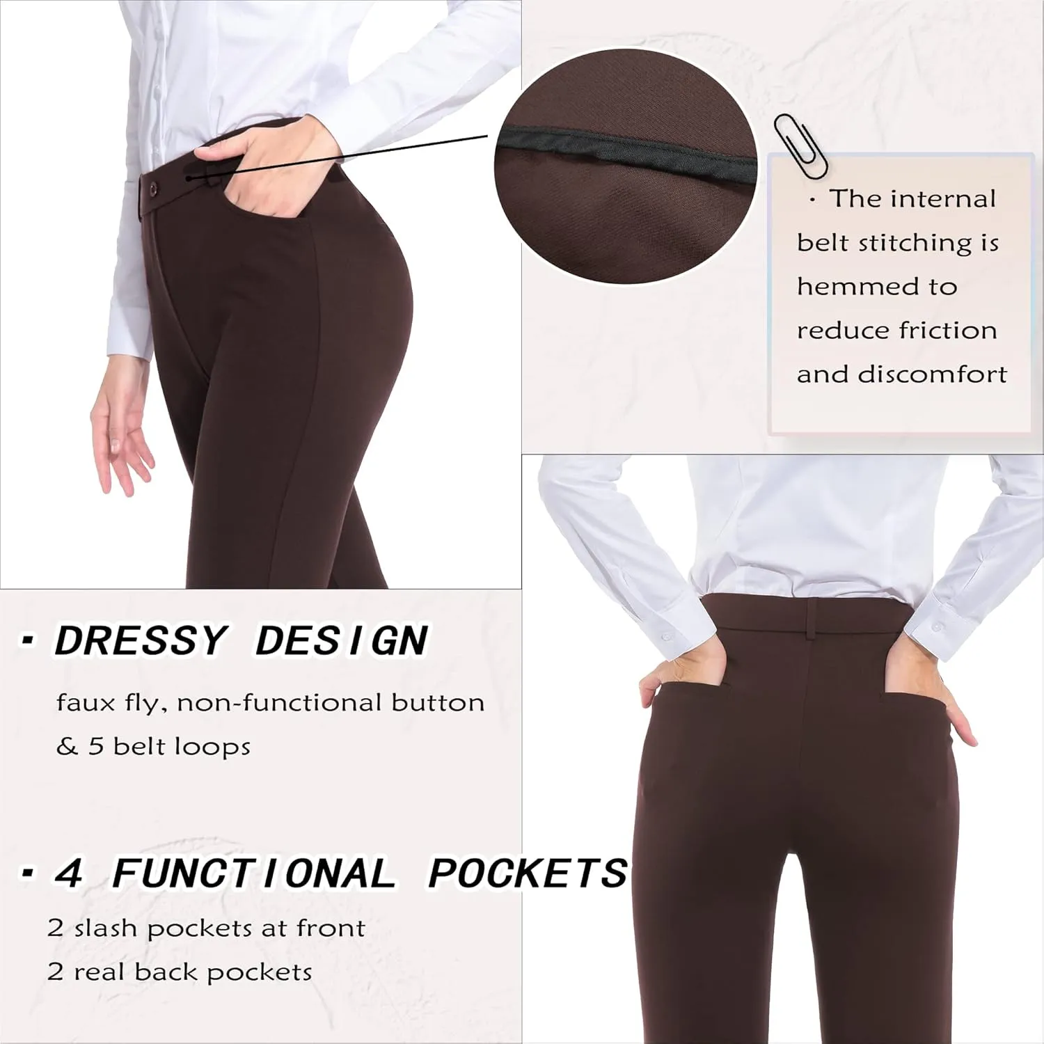 ZTN Women's Stretchy Dress Pants 28"/30" Pull-on Trousers Straight Leg Slacks 4 Pockets Plus Size for Work Business Casual